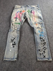 Smoke Rise Jeans Mens 42/32 Blue Graffiti Painted Distressed Jeans - Picture 1 of 14