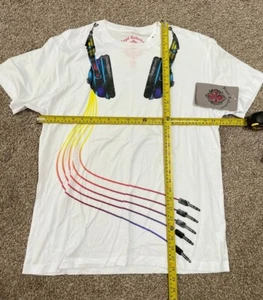 Men's White Short Sleeve T-Shirt Size L drawing headphones - Picture 1 of 1