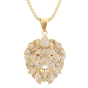 Stainless Steel Iced Gold Tone Lion Pendant Box Chain Necklace 20" SCP 4383 G - Picture 1 of 4