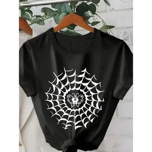 Women's Mesh Butterfly Print Round Neck T-shirt, Casual Short Sleeved Top - Picture 1 of 12