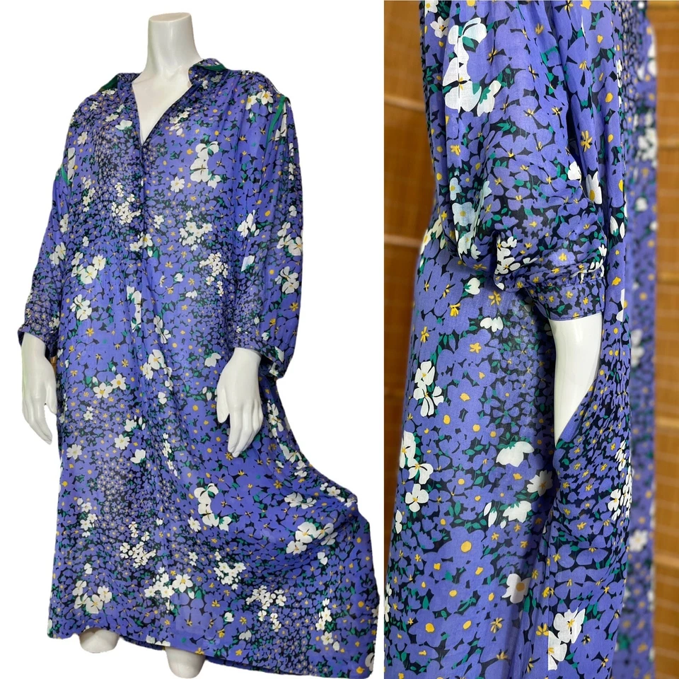 Vintage 60’s FLORAL MAXI SHIRT DRESS w POCKETS Kaftan Mod Retro Hawaiian Mumu - Image 1 of 4