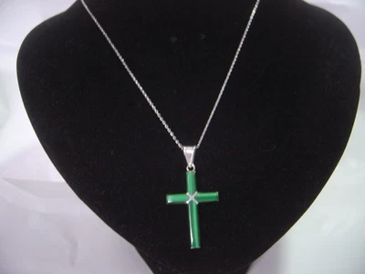 vintage-pingente cruzado de prata maciça-excelente malaquita natural -18" corrente fina - Imagem 1 de 4