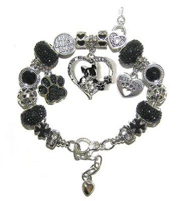 Pulseira Boston Terrier, melhor amigo com miçangas e berloques europeus, pata brilhante - Imagem 1 de 4