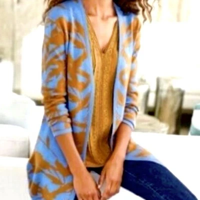 Soft Surroundings Cardigan Size M Sweater Top Open Front Blue Gold Floral Cotton - Image 1 of 4