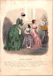 Antique 1850s French Fashion Plate Les Modes Parisiennes Hand-Colored Engraving - Picture 1 of 1
