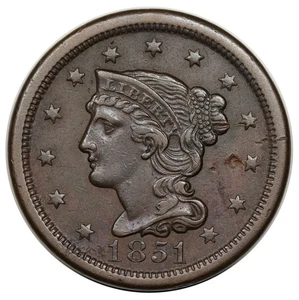 1851 Braided Hair Large Cent, rare N-35, R5, LDS (b) reverse cuds - Picture 1 of 3