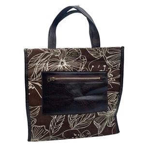 Vtg Tote Bag Purse Brown White Canvas Vinyl 1960s Floral Mid Century Mod MCM - Picture 1 of 8