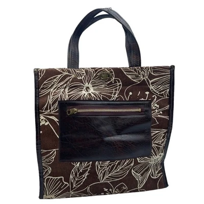 Vtg Tote Bag Purse Brown White Canvas Vinyl 1960s Floral Mid Century Mod MCM - Image 1 of 4