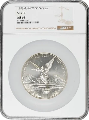 Mexico 5 onzas 1998 Mo, NGC MS67, "Silver Bullion Coinage "Libertad" - Image 1 of 2