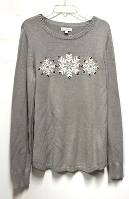 Suéter Pullover Gris Algodón Grande por Kim Rogers Copos de Nieve y Lentejuelas Navidad Foto 1 de 3