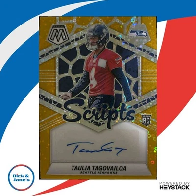 2024 Mosaic Taulia Tagovailoa Rookie Scripts Gold 2/10 RC Auto Seattle Seahawks - Image 1 of 4
