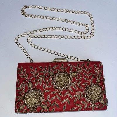 Bolso sin asas rojo crudo de seda dorado floral bordado cóctel noche bolso cadena Foto 1 de 4