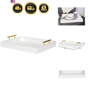 Decorative Tray with Metal Handles Modern Rectangular White Gold Home Decor - Picture 1 of 8