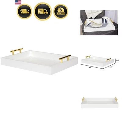 Decorative Tray with Metal Handles Modern Rectangular White Gold Home Decor - Image 1 of 4