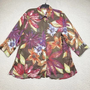 Chicos Top Women's 3 (XL) Sheer Dark Multicolor Floral Button Up 3/4 Sleeve - Picture 1 of 10
