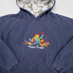 Vintage Peace Frogs Hoodie Womens 2XL Blue Embroidered 90s Rainbow Oversized - Picture 1 of 10