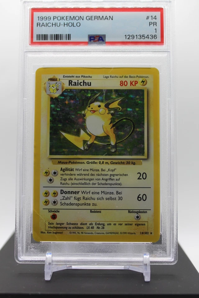 POP 2 - PSA 1 - 14/102 RAICHU HOLO - 1999 POKEMON GERMAN BASE SET - Image 1 of 1