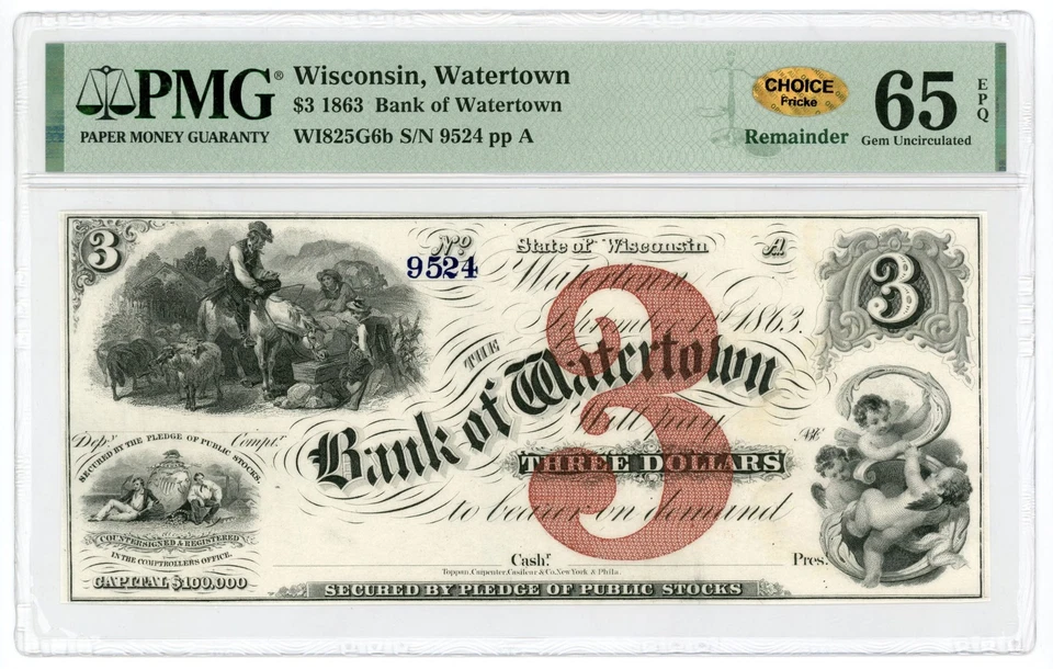 1863 $3 The Bank of Watertown, WISCONSIN Note - CIVIL WAR Era PMG Gem 65 EPQ - Image 1 of 4