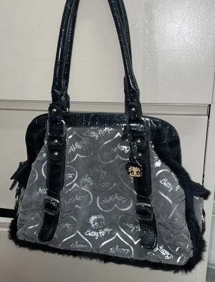 Cartera Betty Boop, negra y gris, con corazones plateados para escribir leer Foto 1 de 4