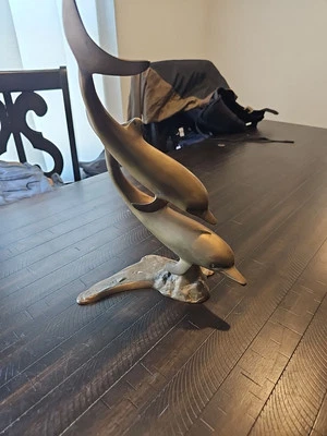 Декор винтажная латунная скульптура плавательных дельфинов морская высота 15 дюймов ширина 12 дюймов 9 Deep - Изображение 1 из 4