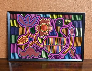 Vintage Kuna Mola Folk Fabric Art Work Embroidery Panel Framed South American - Picture 1 of 4