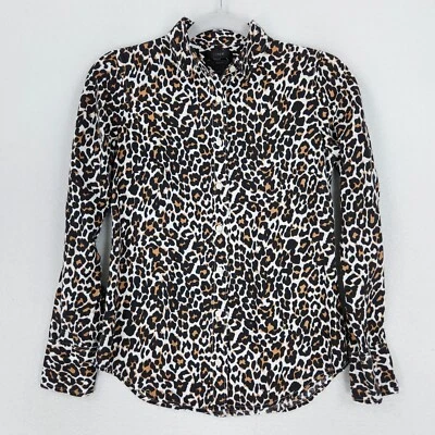 Camisa J Crew para mujer 00 negra blanca perfecta estampado de leopardo manga larga mezcla de lino Foto 1 de 4