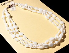 16" 3 strand necklace white oval disc hexagon puzzle Czech vintage glass beads