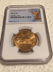 1964MO Mexico 20 centavos NGC MS66RD GORGEOUS RED COPPER TONING ON COIN - Picture 1 of 4
