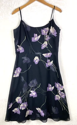 Ann Taylor Dress Womens 12 A-line Black Floral Silk Blend Overlayed Sleeveless - Image 1 of 4