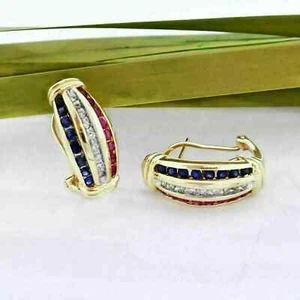 Lab-Created 3Ct Round Cut Sapphire Diamond Stud Earrings 14K Yellow Gold Plated - Picture 1 of 4