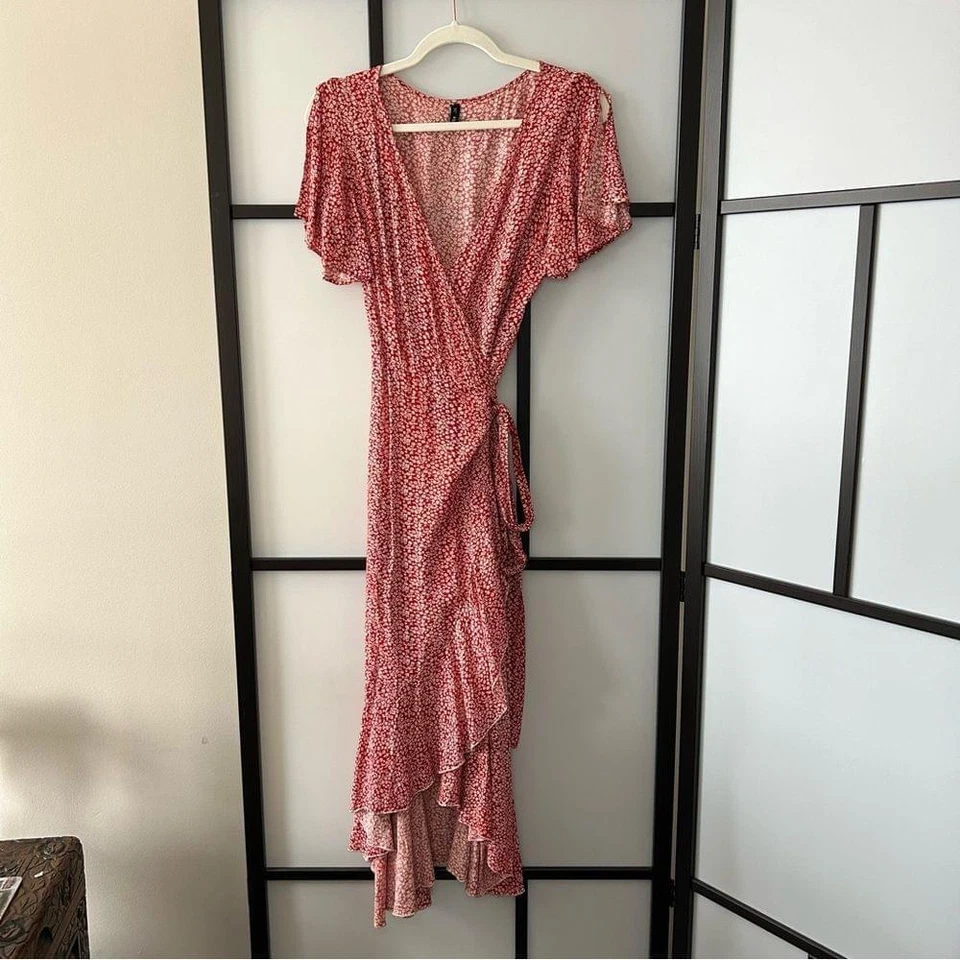 [M] Maxi Vestido Envolvente Zaful Rojo y Blanco Estampado Floral Foto 1 de 4