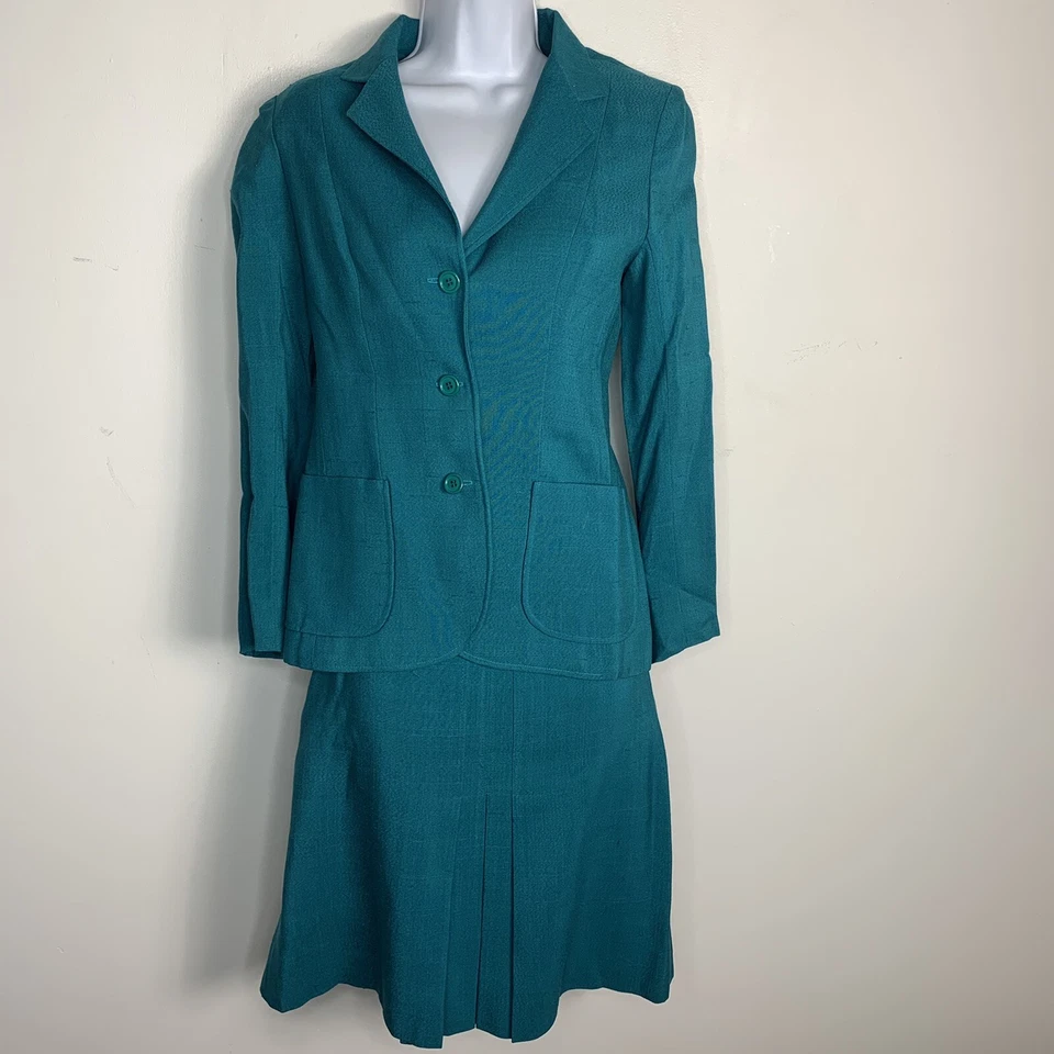 Larry Levine Mujer Falda Traje Talla M Azul Verde Cuello Muesca Falda Larga Foto 1 de 4