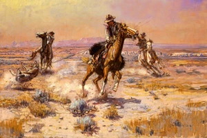 At Ropes End by Charles Russell Cowboy Roping a Wolf Western Art 16x20 Canvas ❤ - Picture 1 of 2