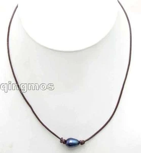 10mm Rice Natural Freshwater Black Pearl Pendant Necklace for Women 18" Leather - Picture 1 of 5