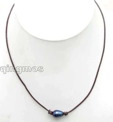 Collar colgante de perlas negras de agua dulce natural de arroz de 10 mm para mujer de cuero de 18" Foto 1 de 4