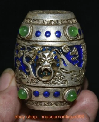 2.4" Old China Chinese Silver inlay Green gem beast head Qilin barrel statue - Image 1 of 4