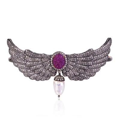 7.65ct Pearl Carved Ruby Diamond Feather Vintage Look Palm Bracelet 925 Silver - Image 1 of 4