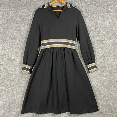 复古 60 年代 Ranelle 衬衫连衣裙小号黑色领长袖 Mod 嬉皮 — 第 1/4 张图片