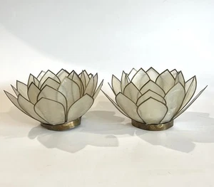 Pair Of Vtg Capiz Shell Gold Metal Lotus Flower Candle Holder 6” - Picture 1 of 9