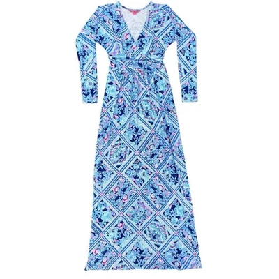 Maxi Vestido Lilly Pulitzer Azul Rosa Estampado Floral Manga Larga Cuello en V XS USADO EN EXCELENTE ESTADO Foto 1 de 4