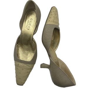 GUCCI Size 6.5 Leather Canvas Kitten Heels D'Orsay Tan Neutral Vintage Y2K - Picture 1 of 10
