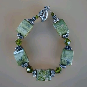 Vintage Unakit Jaspis mit grünen Glasperlen Sterlingsilber Armband 8 Zoll  - Bild 1 von 6