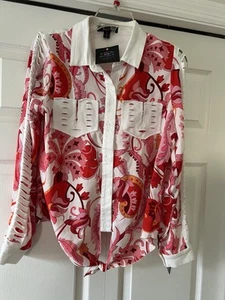 AZI Tie Front Blouse Womens Lattice Long Sleeve Pink & White Floral - Sz S - NEW - Picture 1 of 10