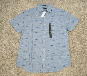 NEW Banana Republic Button Up Shirt Mens Large Blue Fish Linen Blend Slim Fit - Picture 1 of 6