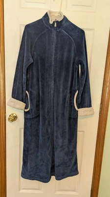Bata de caftán de felpa azul medianoche Secret Treasures marfil puños ribete cremallera usada en excelente estado M Foto 1 de 2
