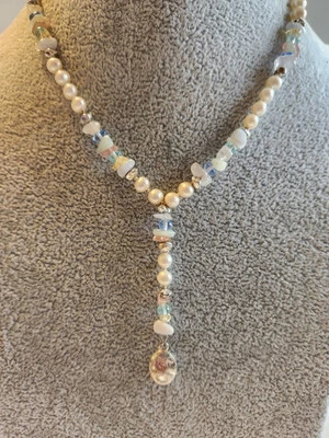 Ожерелье из натурального жемчуга с несколькими драгоценными камнями серебристое Y 16-18 дюймов слегка поношенное - Изображение 1 из 4