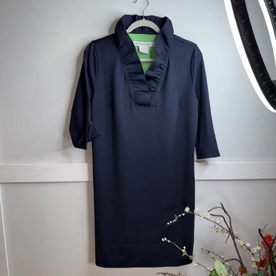 Gretchen Scott Ruff Neck 3/4 Sleeve Navy Shift Dress Womens Size XL - Image 1 of 4