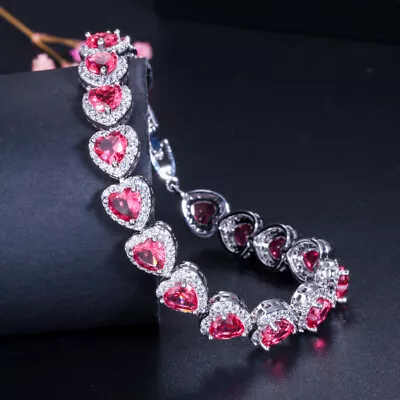 New Wedding Heart Rose Red Garnet Gemstone Silver Womne Charm Bracelet 7.5 Inch - Image 1 of 4