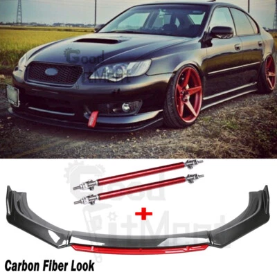 For Subaru Liberty 2003-2007 Carbon Fiber Red Car Front Bumper Lip + Strut Rods - image 1 of 4