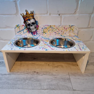 Futterstation Skull 2x1200ml Handbemalt Massiv Holz Unikat -Futterbar Napf Hund - Bild 1 von 3